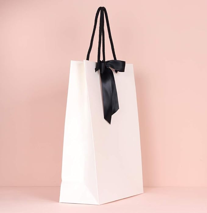 PAPERIST 8pcs Elegance White Gift Bag with Black Satin Bows Ribbon, Sturdy Durable Thick Gift Bag, Gift bag for Wedding, Christmas, Birthday Party, Bridal Shower, Baby Shower
