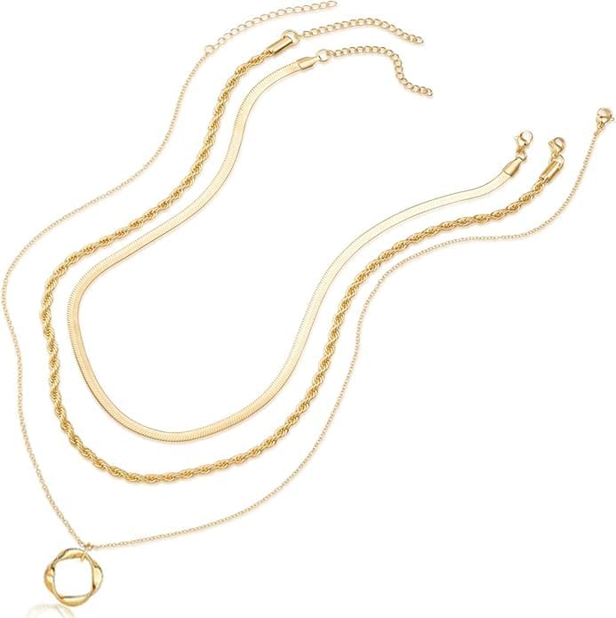 Evabelle Gold Layered Necklace for Women Trendy Jewelry 14K Real Gold Plated Chunky Chain Stackable Necklaces Dainty Choker Necklaces Rectangle Square Pendant