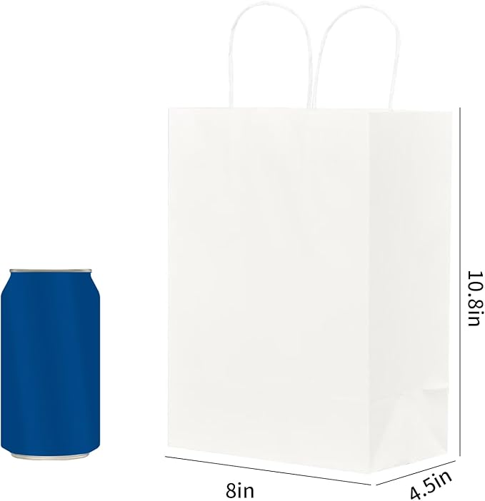 METAPRINT Kraft Paper Gift Bags with Handles in Bulk, 100pcs White Paper Bags 8x4.5x10.8 inch, Recyclable Shopping Bags for Retail, Grocery, Party Favors, Wedding