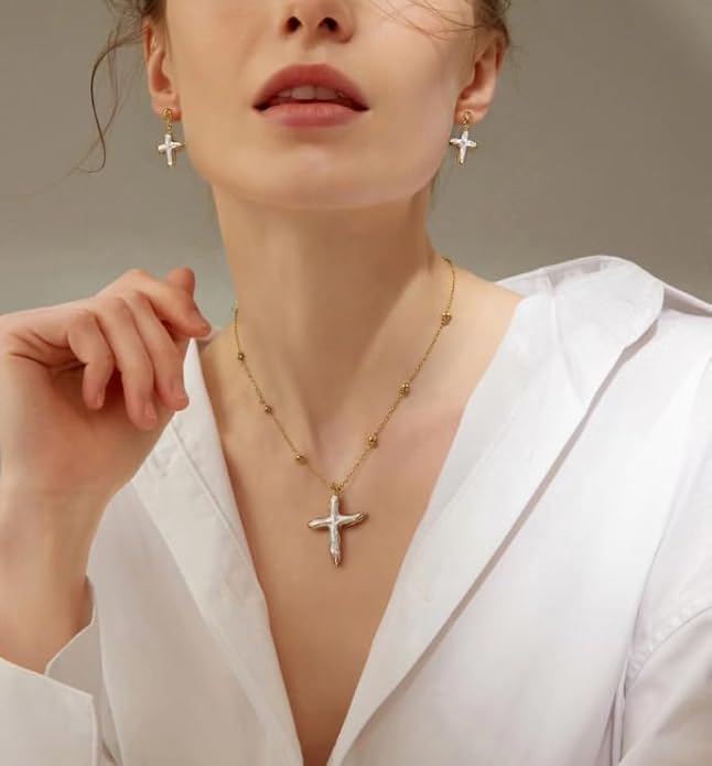 Nature Freshwater Pearl Cross Necklace Earring for Women, Gold Big Cross Pearl Necklace,Baroque Earrings (Gold)