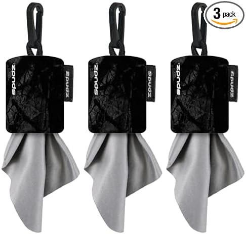 SPUDZ Classic Microfiber Lens Cleaner – Clip-On Pouch, Washable – for Binoculars, Scopes, Glasses, Screens | Stealth Shadow, 6 x 6 Inch (3-Pack)