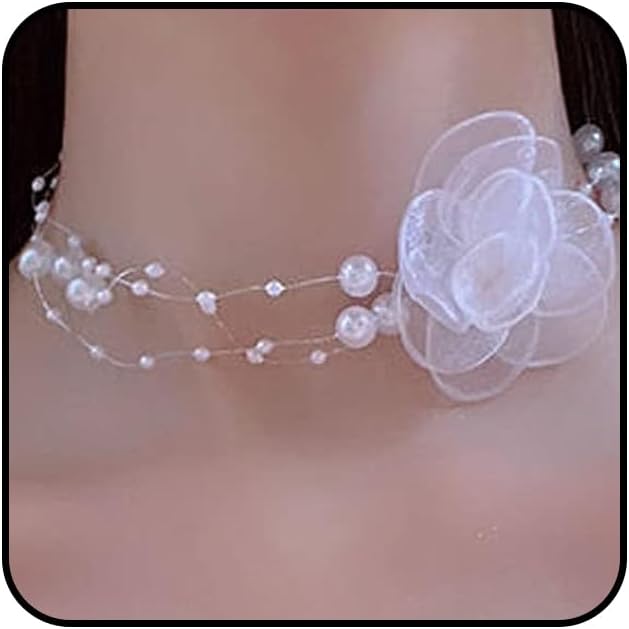 Boho Flower Pearl Choker Necklace for Floral Choker,Women Dainty Pearl Beaded Chain Collar Necklace Flower Necklace for Women Trendy Jewelry