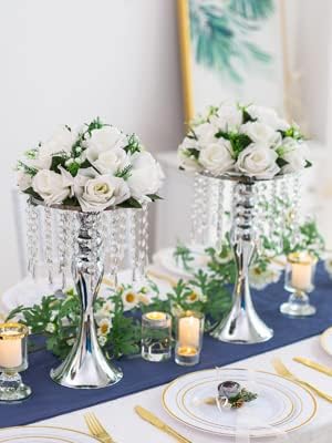 2 Pcs Silver Vases for Centerpieces, 13.8in Crystal Flower Arrangement Stand, Wedding Centerpieces for Tables, Tall Metal Flower Vase Holders for Wedding, Event, Reception, Birthday, Home Decor