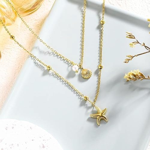 Evabelle Gold Layered Necklace for Women Trendy Jewelry 14K Real Gold Plated Chunky Chain Stackable Necklaces Dainty Choker Necklaces Rectangle Square Pendant
