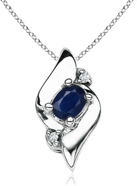 Angara Natural Blue Sapphire Pendant for Women | Shell Style Oval Sapphire and Diamond Pendant in 14K Solid Gold/Silver/Platinum With 18" Chain | September Birthday, Gemstone Jewelry Gift