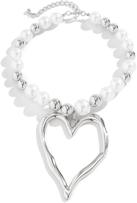 Unique Big Chunky Gold Heart Beads Necklace for Women, Charm Large Thick Hollow Love Heart Pendant Beaded Chain Choker Necklaces Party Y2K Jewelry Gift