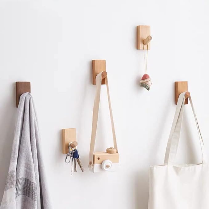 HomeDo 4Pack Adhesive Wall Hooks Hat Rack, Wooden Coat Hooks Wall Mounted, Decorative Hooks Single Organizer Hat Hanger Towel Rack, Heavy Duty Hooks (Rectangle-Beech,4P)