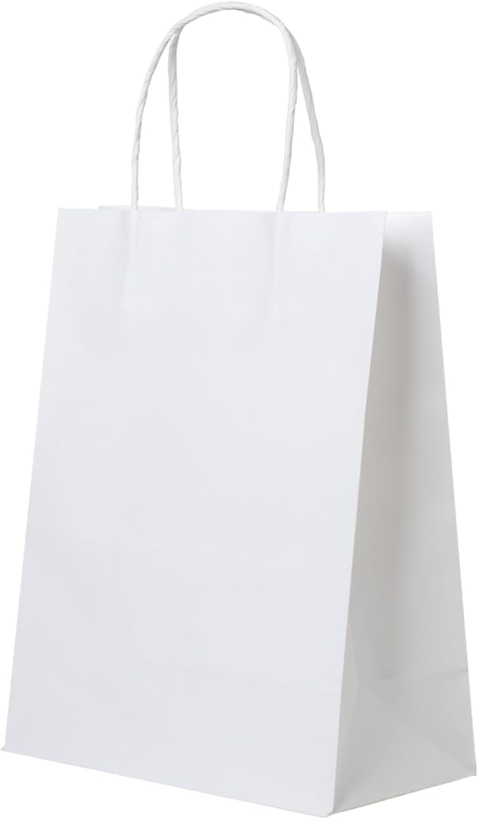 FACEBAG 50 PCS White Paper Bags with Handles Bulk, 8x4.25x10.5 Inches,Medium-sized White Gift Bags with Handles for Party Favors，Take-Out，Grocery Shopping & Retail，Reusable & Durable