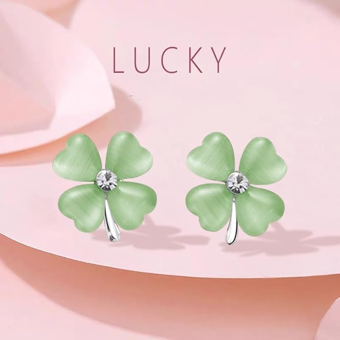 ONLYJUMP Four Leaf Clover Jewelry Set for Women Necklace Bracelet Earrings Ring Set Elegant Lucky Clover Design Cat Eye Stone Perfect Holiday Gift for St. Patrick's Day Valentine's Day Birthdays Daily Wear