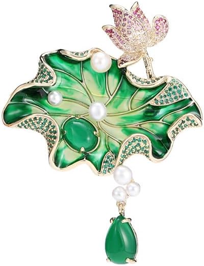 14K Gold Handmade Enamel Water Lily Brooch, Freshwater Pearl Pendant, Elegant Design for Cheongsam, Coats and Chinese Style Outfits
