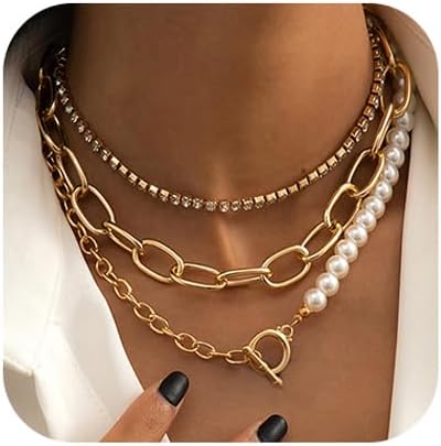 Women Multilayer Silver Gold Dainty Pearls Layered Choker Necklaces Handmade Beads Fashion Chunky Pendant Multilayer Adjustable Layering Chain Gold Plated Necklaces Set for Women