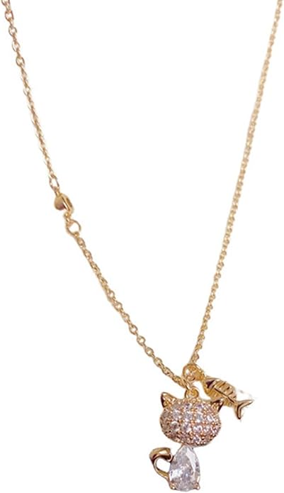 Cute Cat Pendant Necklace for Women Girls, Gold Plated Dainty Kitty Necklace, Sparkling Animal Jewelry with Crystal Charm, Adjustable Chain, Sweet Gift for Birthday, Valentines, Christmas