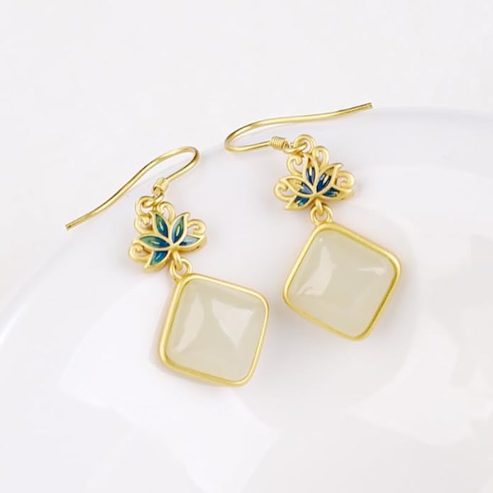 14K Gold over 925 Sliver Natural Jade Enamel Gradient Earrings, Round Lotus Design Drop Earrings, Elegant Jade Jewelry Gift for Mother's Serenity