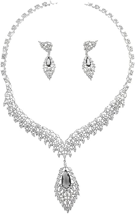 14K Gold Natural Crystal Jewelry Set for Women,Sparkling Wings Shape Crystal Pendant Necklace and Drop Earrings Set,Fashion Wedding Bridal Jewelry Set
