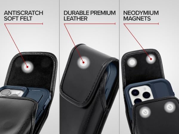 Turtleback Belt Holder for iPhone 16 Pro, 16e, 15 pro 14 Pro 13 Pro -Large- Fits w/Defender Bulky Style Cases, Premium Black Leather Vertical Holster, Magnetic Closure Leather Wrapped Belt Clip