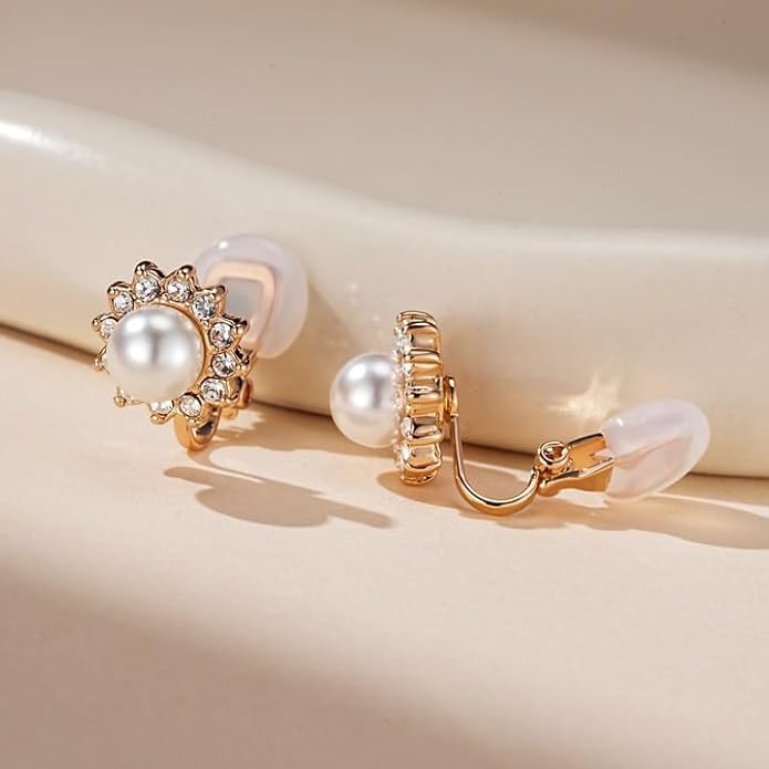 EVEVIC Austrian Crystal Pearl Clip On Earrings for Women Non Pierced Earings 14K Gold Plated Hypoallergenic Jewelry