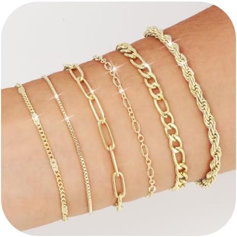 Emibele Gold Bracelets for Women, Dainty Adjustable 14K Gold Plated Bracelet Stack, Elegant Beaded Link Chain Bracelet Sets, Jewelry Gifts for Women