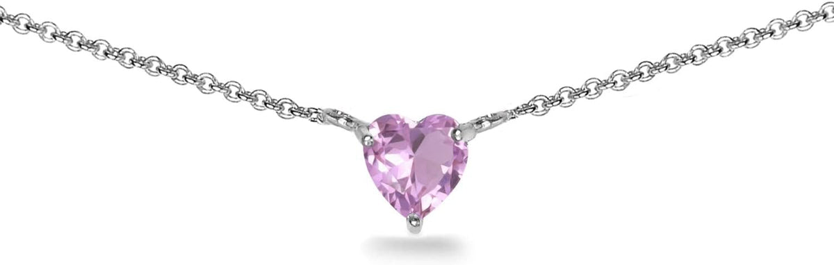 Birthstone Necklace for Women - Genuine or Synthetic Gemstone, 7mm Heart Solitaire, Short Dainty Layered Choker, Silver