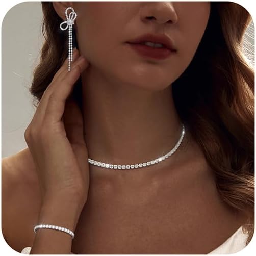 Tennis Necklace Bracelet for Women, Dainty Sterling Sliver Choker Necklace Crystal Link Bracelet Stud Earrings for Women Wedding Jewelry for Bride Jewelry Set Accessories