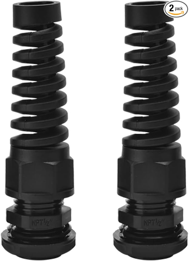Strain Relief Cord Connector, CGELE 2 Pack NPT 1/2" Waterproof Cable Gland Cord Grip Spiral Adjustable Connector Strain Relief Cord Connectors Joints Nylon with Gaskets