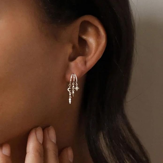 Dangle Earrings For Women,Dainty 14K Gold Plated Hypoallergenic Small Triple Huggie Hoop Earring Gothic Cute Cross Moon Star Drop Earrings For Women Trendy Gold Statement Stud Earring Jewelry