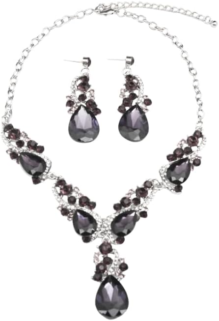 Secret for Longevity Silver Tone Antique Style Art Deco Grey Smokey Topaz Slate Rhinestone Statement Wedding Bridal Prom Chunky Statement Earrings Necklace Gift Set