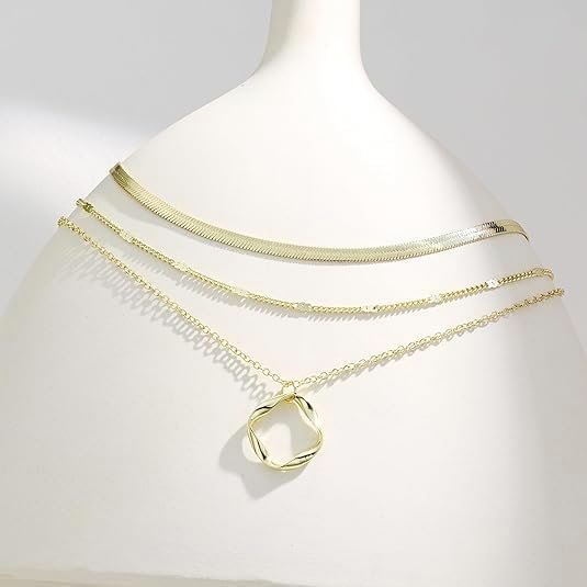 Evabelle Gold Layered Necklace for Women Trendy Jewelry 14K Real Gold Plated Chunky Chain Stackable Necklaces Dainty Choker Necklaces Rectangle Square Pendant