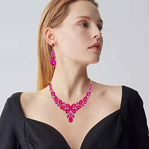 Women's Wedding Bridal Austrian Crystal Glass Teardrop Statement Necklace Dangle Earrings Bracelet Ring Wedding Party Jewelry Set for Bridal Bridesmaid