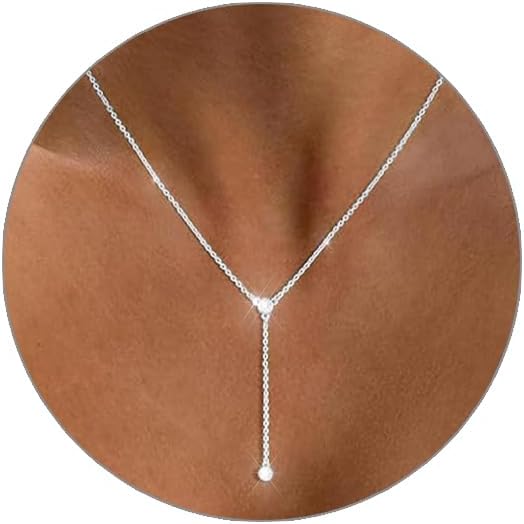 Luxval Lariat Gold Necklace for Women, Dainty Long Necklace 14k Gold Plated/Silver Y-Shaped Pendant Necklaces Trendy Beaded Chain Drop Necklaces Jewelry for Women Gifts
