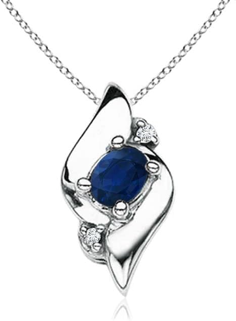 Angara Natural Blue Sapphire Pendant for Women | Shell Style Oval Sapphire and Diamond Pendant in 14K Solid Gold/Silver/Platinum With 18" Chain | September Birthday, Gemstone Jewelry Gift