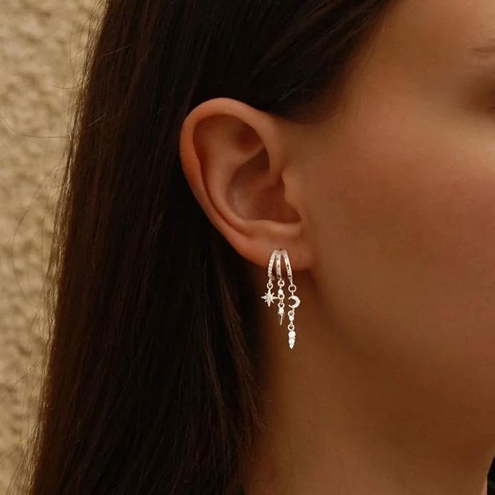 Dangle Earrings For Women,Dainty 14K Gold Plated Hypoallergenic Small Triple Huggie Hoop Earring Gothic Cute Cross Moon Star Drop Earrings For Women Trendy Gold Statement Stud Earring Jewelry