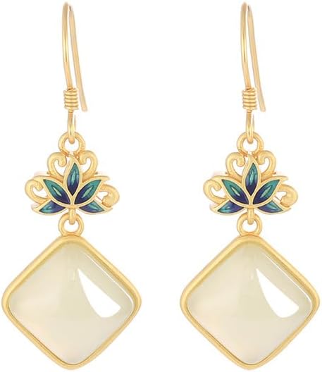 14K Gold over 925 Sliver Natural Jade Enamel Gradient Earrings, Round Lotus Design Drop Earrings, Elegant Jade Jewelry Gift for Mother's Serenity