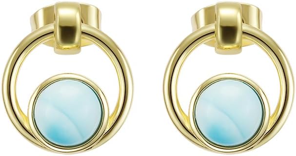 Larimar Stone Stud Earrings for Women, Gold Plated Brass