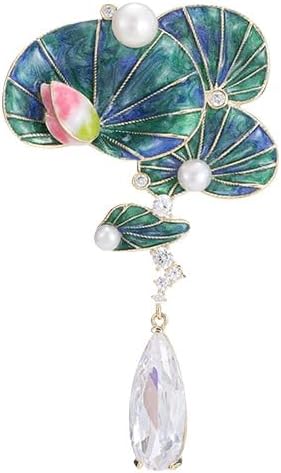 14K Gold Handmade Enamel Water Lily Brooch, Freshwater Pearl Pendant, Elegant Design for Cheongsam, Coats and Chinese Style Outfits