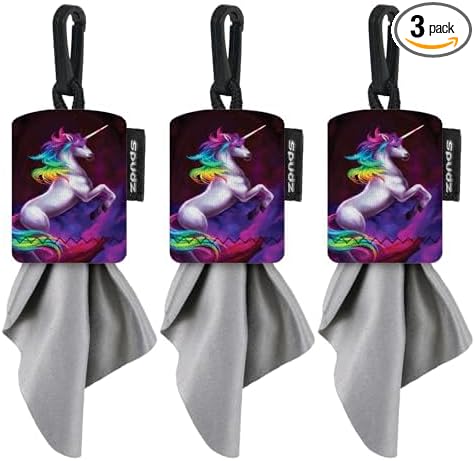 SPUDZ Classic Microfiber Lens Cleaner – Clip-On Pouch, Washable – for Binoculars, Scopes, Glasses, Screens | Vibrant Unicorn, 6 x 6 Inch (3-Pack)