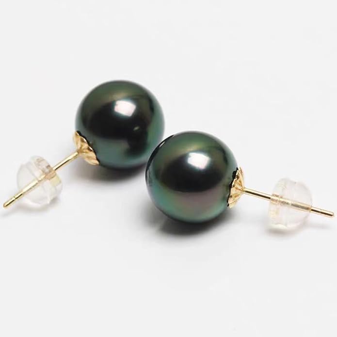 Gifts for Wife Anniversary 18K Gold Pearl Stud Earrings for Women- Genuine Handpicked Nature Tahitian Black Pearls Earring- Birthday Christmas Mothers Day Valentine's Jewelry Gifts