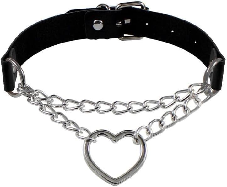 Gothic Heart Pendant Choker Necklace with Chain, Black Leather Collar, Silver Metal Hardware
