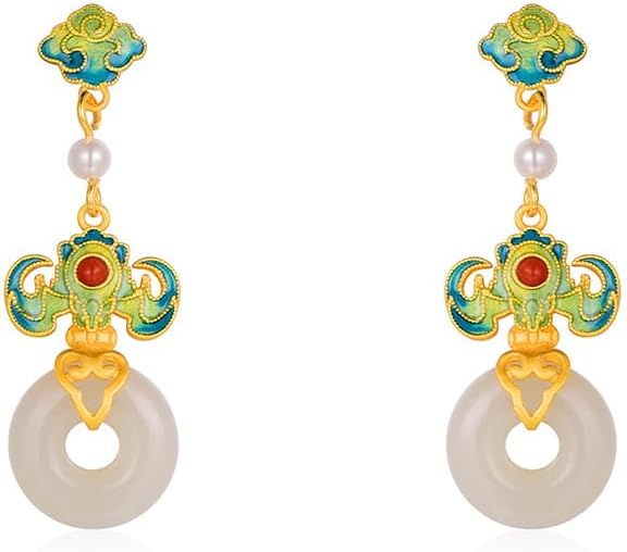 14K Gold over 925 Sliver Natural Jade Enamel Gradient Earrings, Round Lotus Design Drop Earrings, Elegant Jade Jewelry Gift for Mother's Serenity