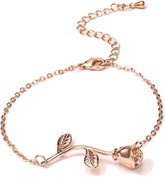 Rose Gold Flower Bracelet with Leaves, Adjustable Chain, Lobster Claw Clasp, 7 Inches