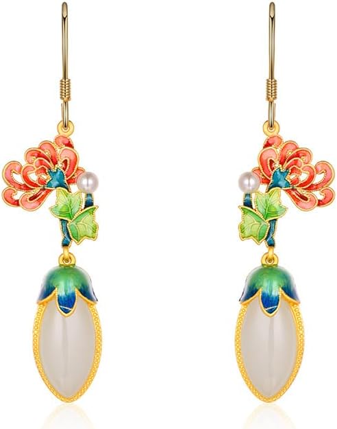 14K Gold over 925 Sliver Natural Jade Enamel Gradient Earrings, Round Lotus Design Drop Earrings, Elegant Jade Jewelry Gift for Mother's Serenity