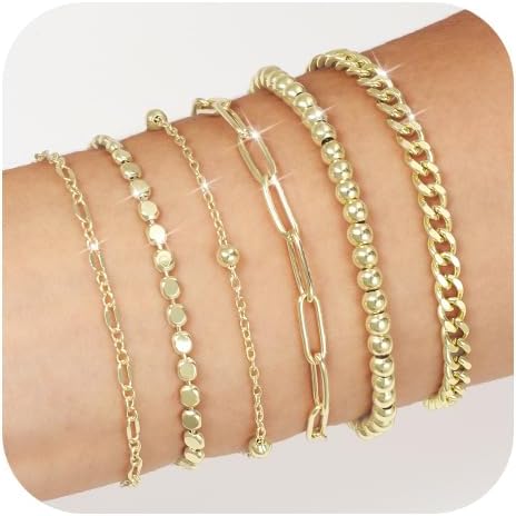 Emibele Gold Bracelets for Women, Dainty Adjustable 14K Gold Plated Bracelet Stack, Elegant Beaded Link Chain Bracelet Sets, Jewelry Gifts for Women