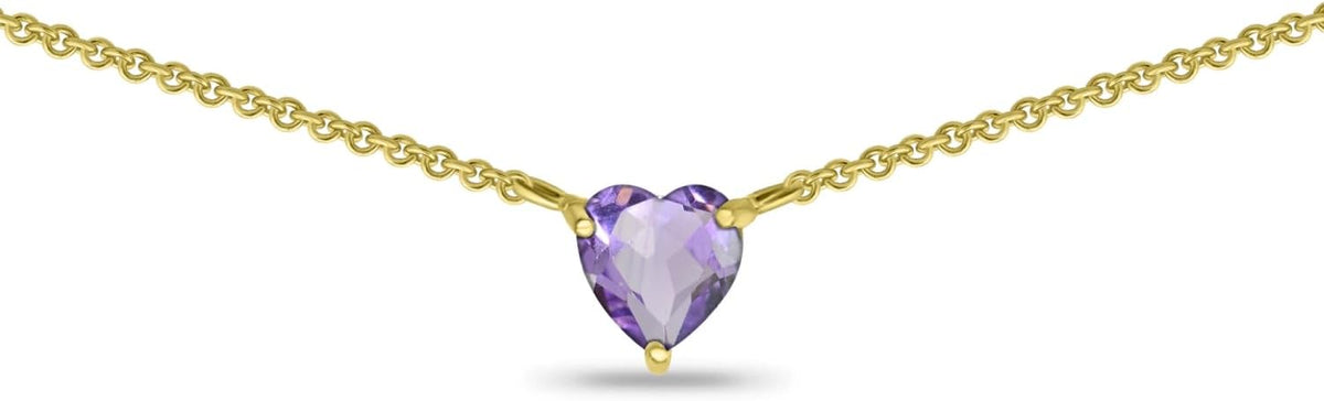 Birthstone Necklace for Women - Genuine or Synthetic Gemstone, 7mm Heart Solitaire, Short Dainty Layered Choker, Silver