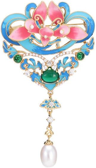14K Gold Handmade Enamel Water Lily Brooch, Freshwater Pearl Pendant, Elegant Design for Cheongsam, Coats and Chinese Style Outfits