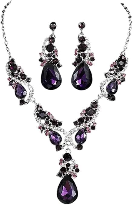 Secret for Longevity Silver Tone Antique Style Art Deco Dark Purple Eggplant Amethyst Rhinestone Statement Wedding Bridal Prom Chunky Statement Earrings Necklace Gift Set