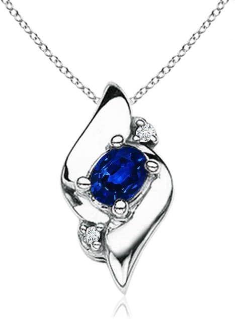 Angara Natural Blue Sapphire Pendant for Women | Shell Style Oval Sapphire and Diamond Pendant in 14K Solid Gold/Silver/Platinum With 18" Chain | September Birthday, Gemstone Jewelry Gift