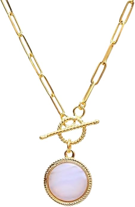 Gempires Gemstone Coin Front Toggle Pendant Necklace for Women with Gold Paperclip Chain, Natural Crystal Pendant with Toggle Clasp, Handcrafted Perfect Jewelry Gift for her