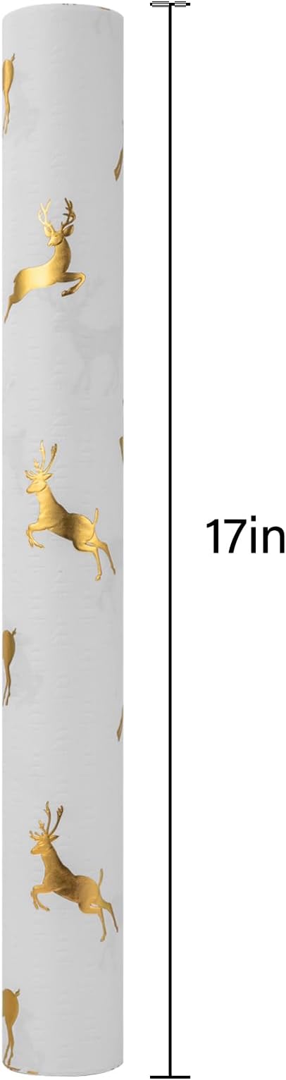 Garbendy Christmas Wrapping Paper Roll- 17 Inch X 32.8 Feet - Embossing 3D Christmas Trees Printed in White with Gold Foil Reindeer Design for Birthday, Wedding, Baby Shower, Bridal Shower, Party