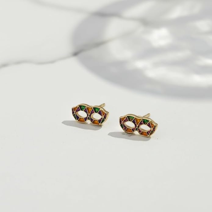 MardiGras Stud Earrings for Women Glitter Delicate Compact Flower Mask Hat Lips Stud Earring Charm Green Purple Gold Carnival Earring Cute MardiGras Jewelry Accessories for Women