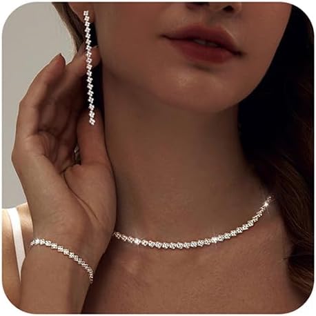 Tennis Necklace Bracelet for Women, Dainty Sterling Sliver Choker Necklace Crystal Link Bracelet Stud Earrings for Women Wedding Jewelry for Bride Jewelry Set Accessories