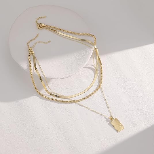 Evabelle Gold Layered Necklace for Women Trendy Jewelry 14K Real Gold Plated Chunky Chain Stackable Necklaces Dainty Choker Necklaces Rectangle Square Pendant
